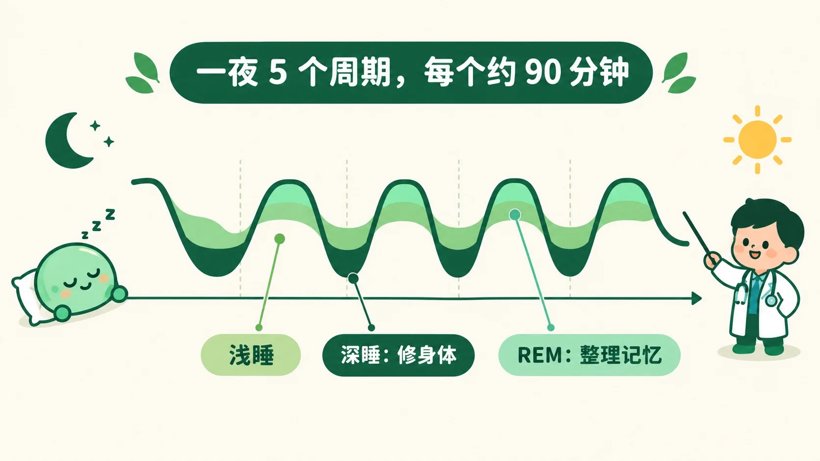睡眠周期曲线：一夜 5 个约 90 分钟的周期