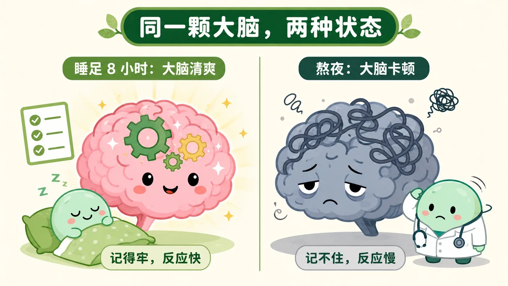 熬夜前后大脑对比：睡足清爽 vs 熬夜卡顿