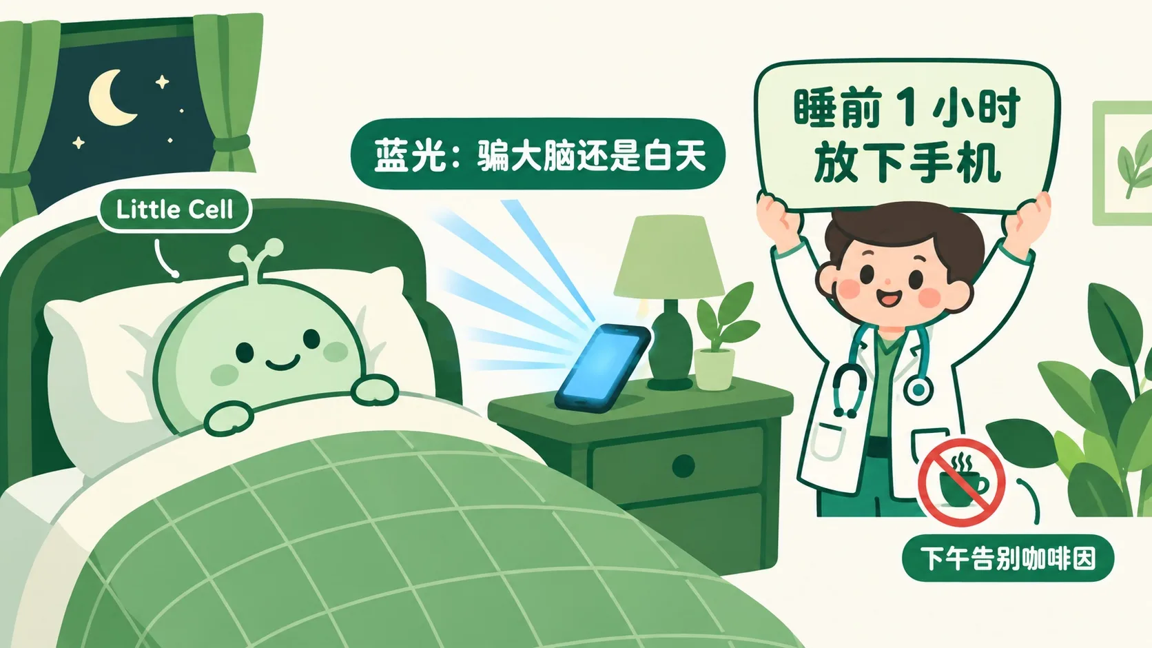 睡前手机蓝光与咖啡因：睡前 1 小时放下手机