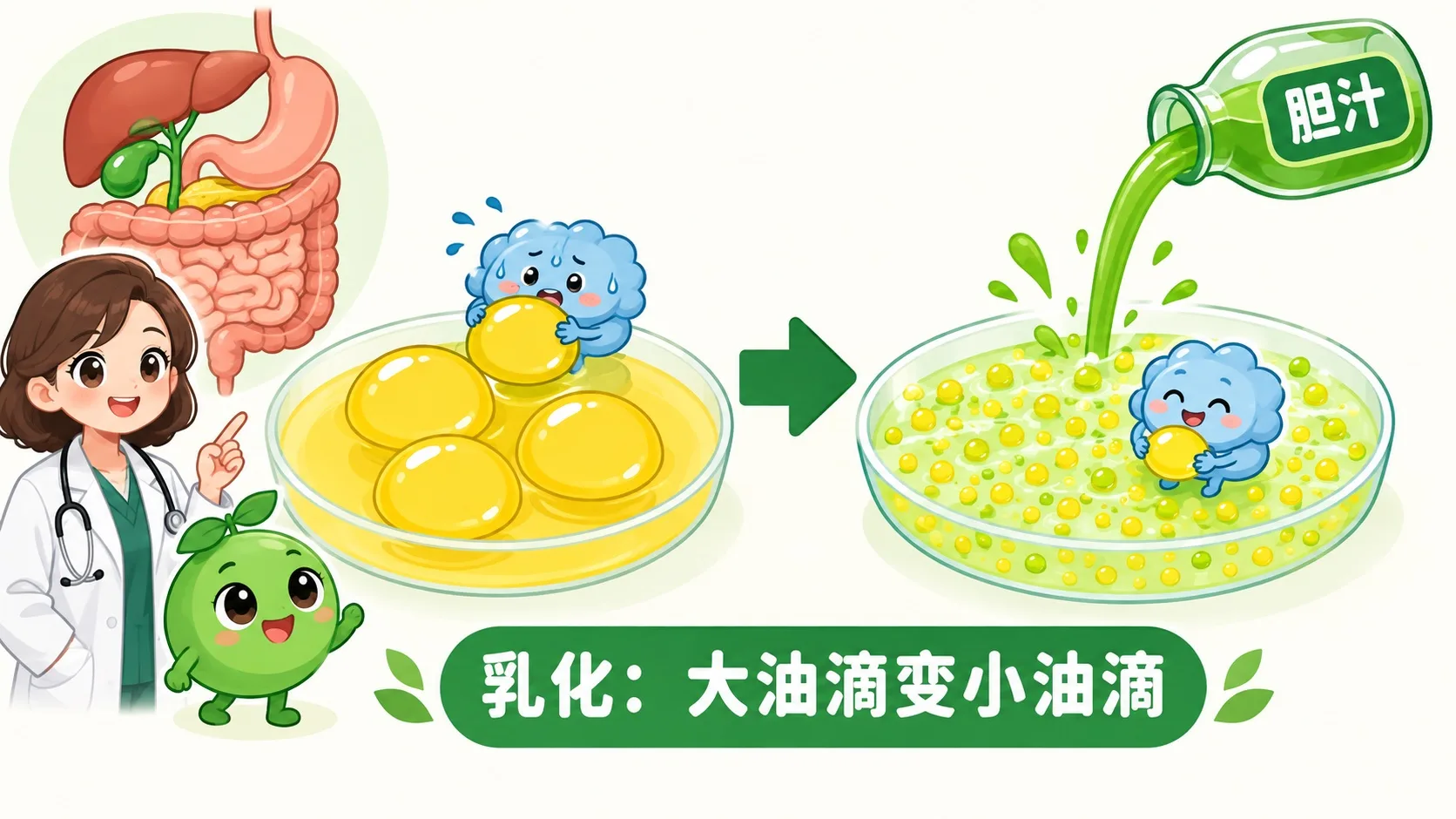 胆汁把大油滴乳化成小油滴