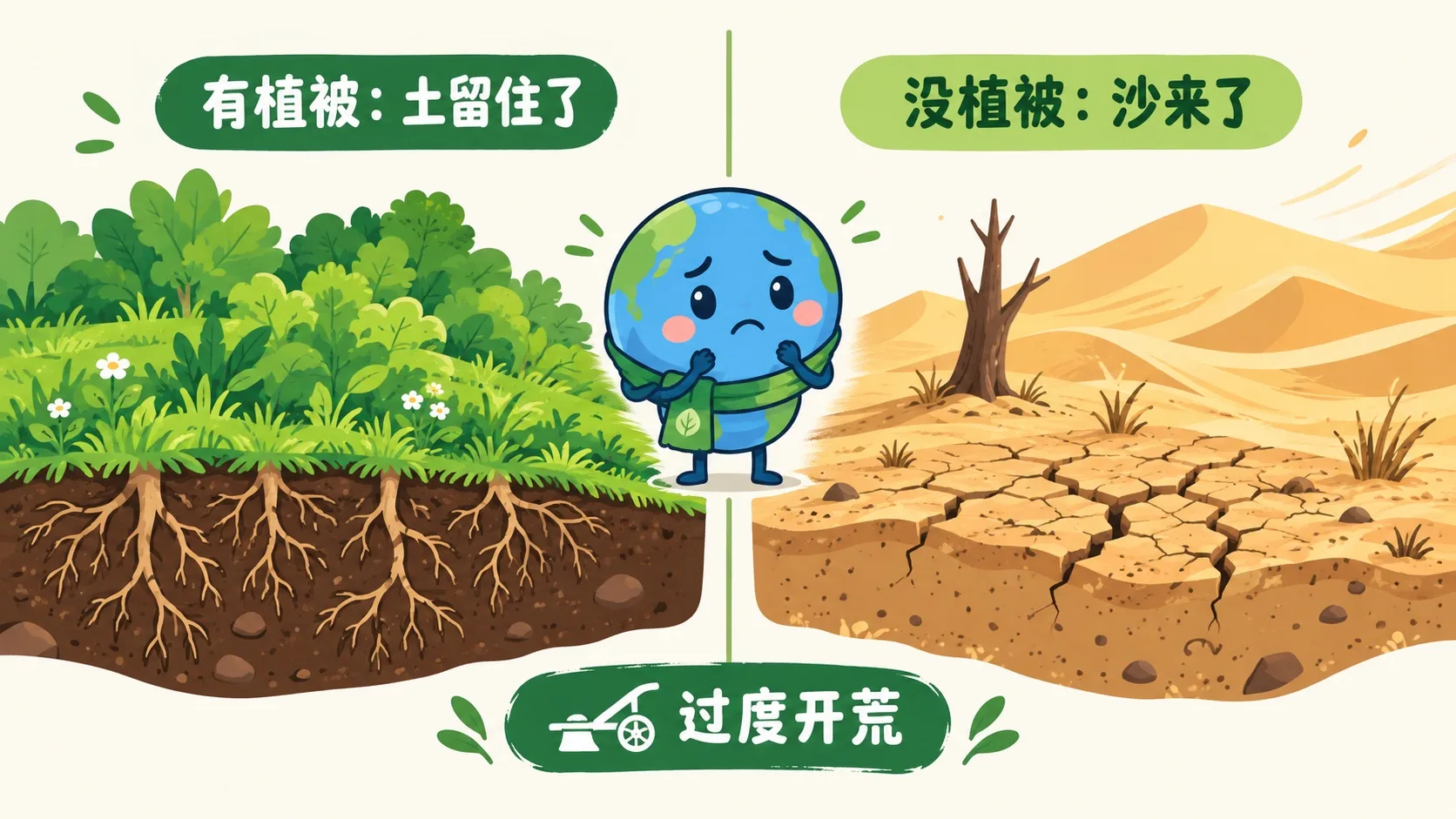 有植被和没植被的对比：荒漠化