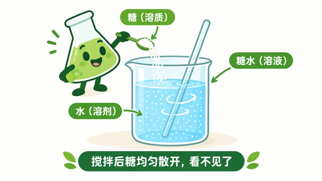 把糖放进水里搅拌溶解：糖（溶质）、水（溶剂）、糖水（溶液）