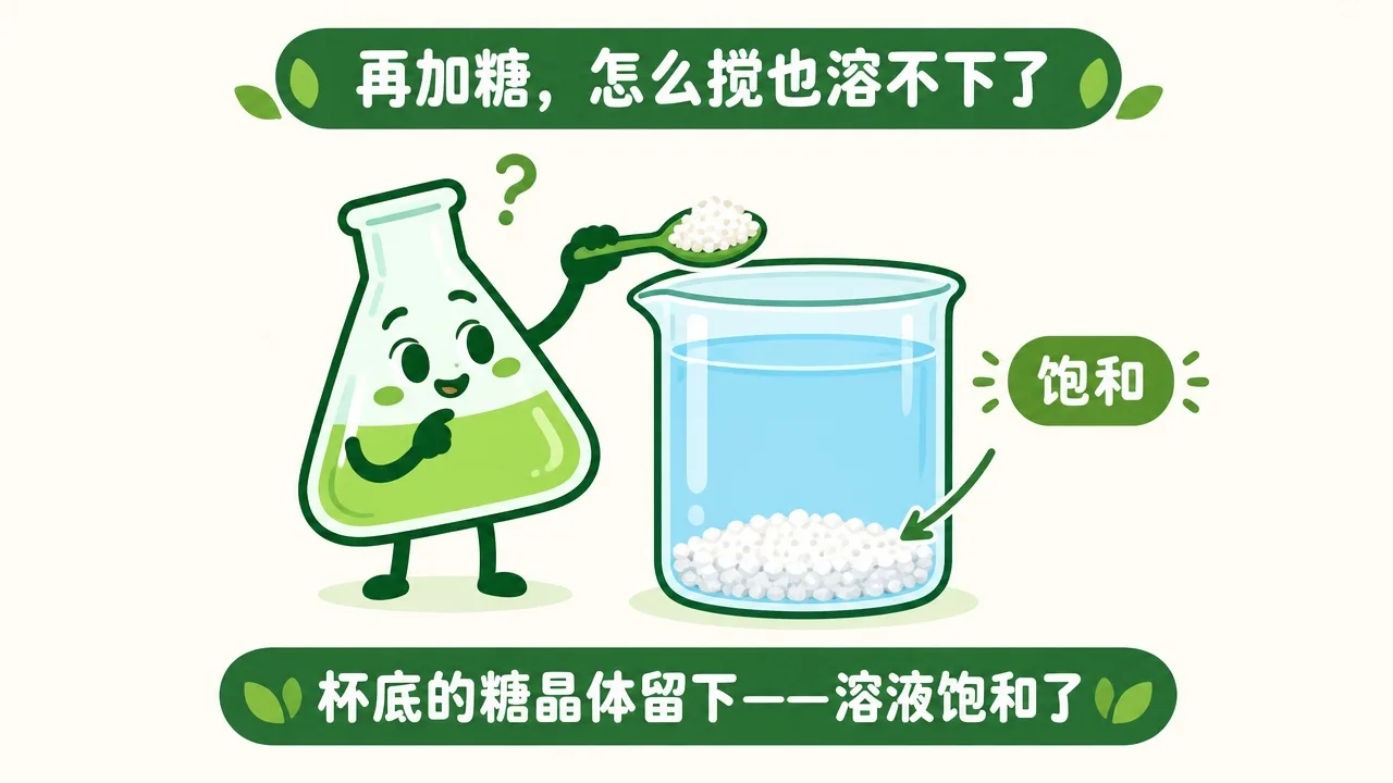 饱和状态：再加糖也溶不下，杯底留下糖晶体