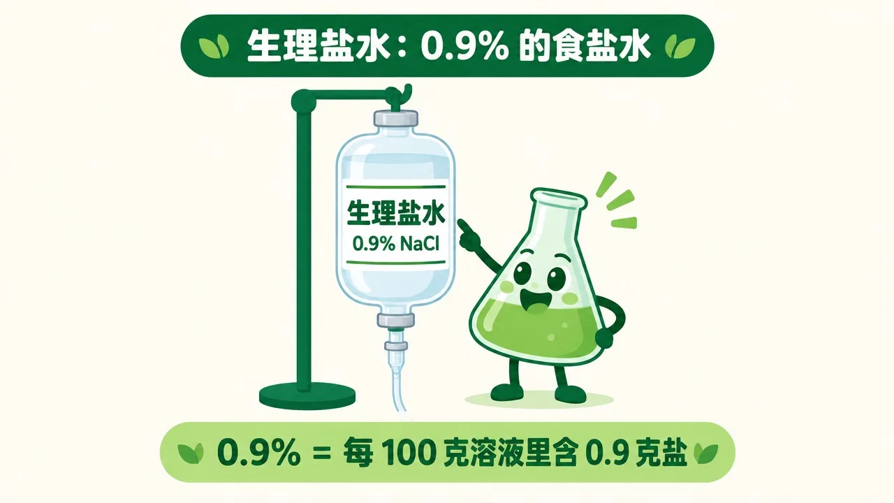 生理盐水标签：0.9% 的食盐水，每 100 克溶液含 0.9 克盐
