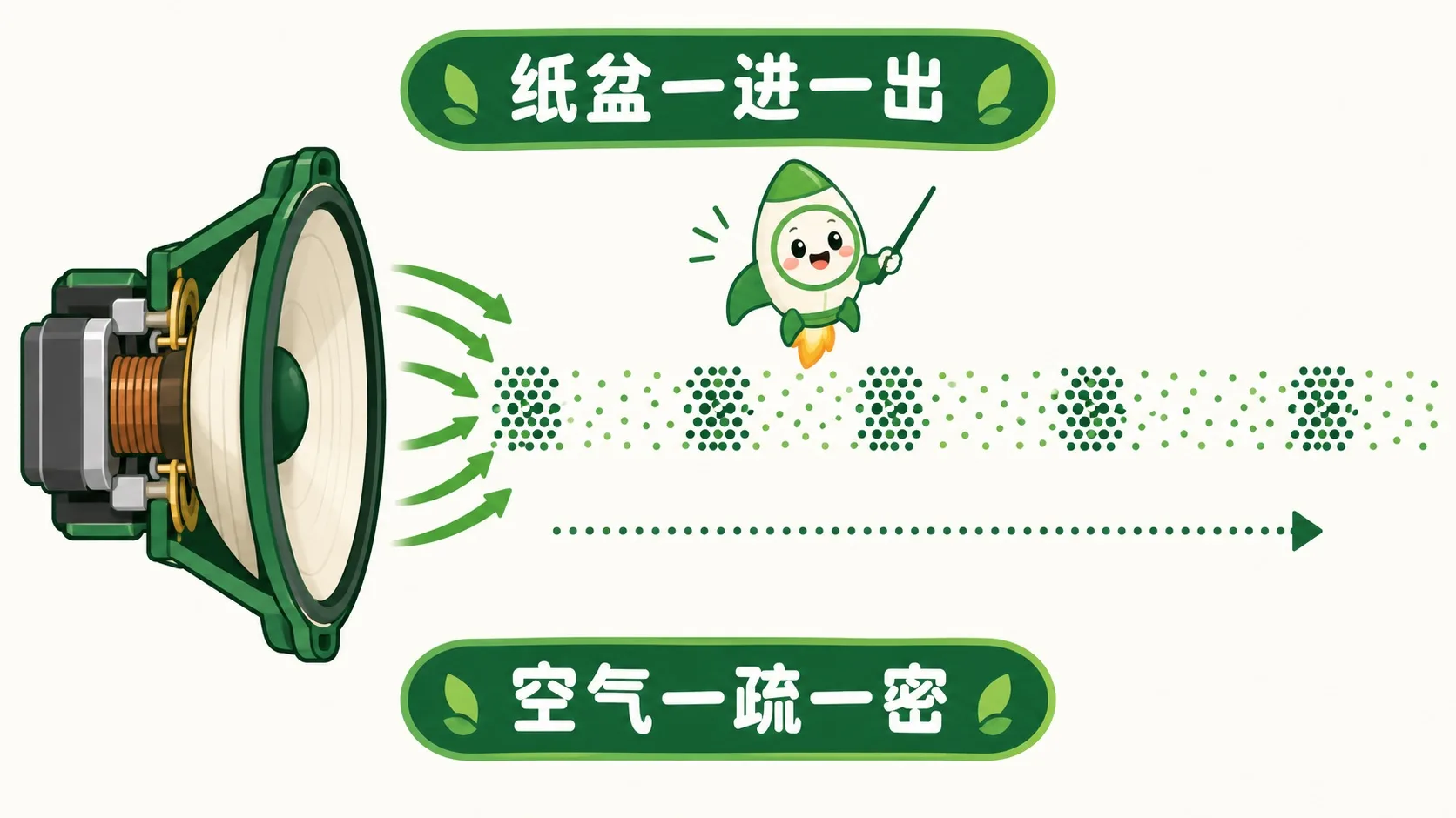 扬声器纸盆推挤空气形成疏密相间的纵波