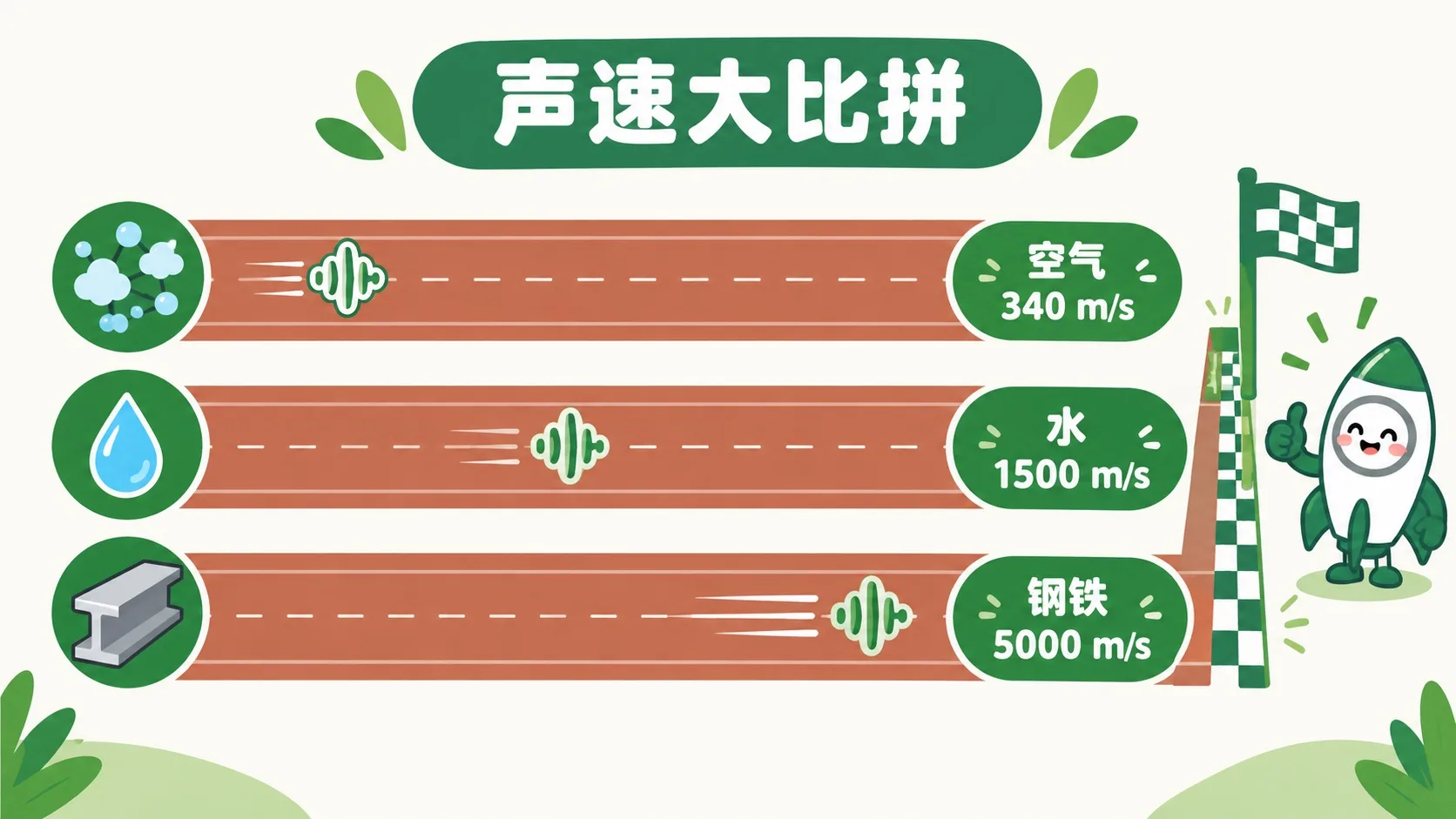 空气、水、钢铁中的声速排列表