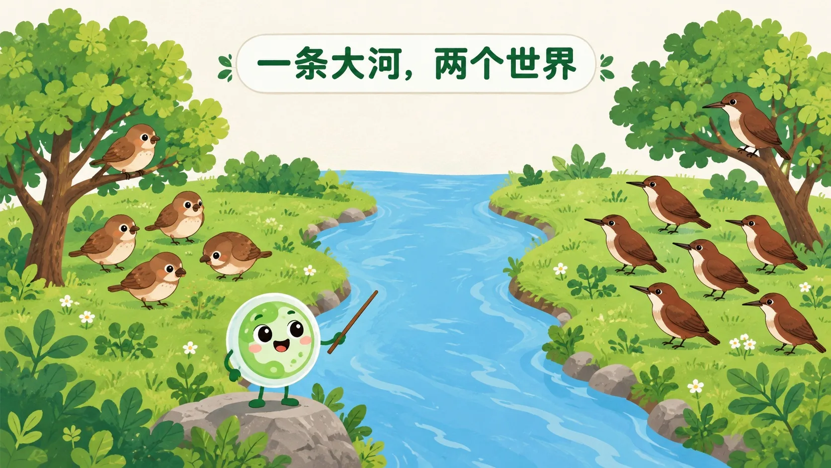 一条大河把鸟群分成两岸