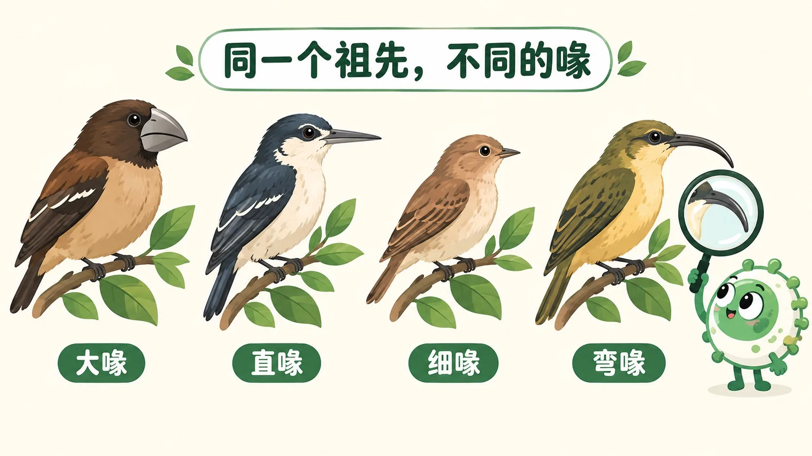达尔文雀：不同岛上的喙不一样