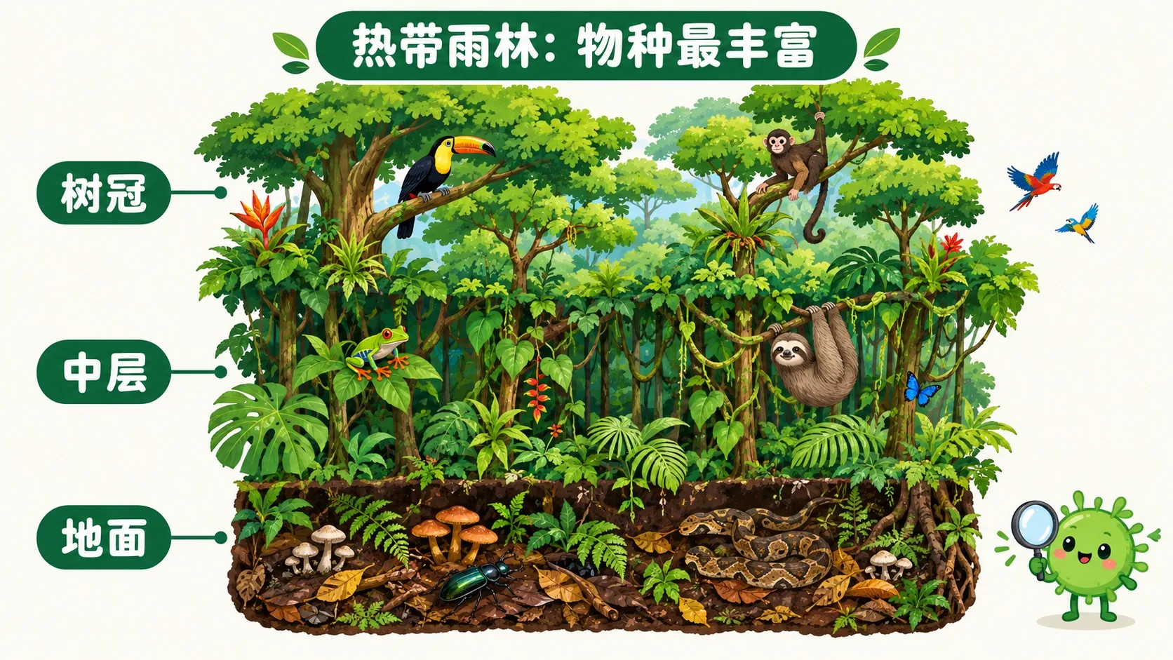 热带雨林剖面：树冠、中层、地面三层各住着不同生物