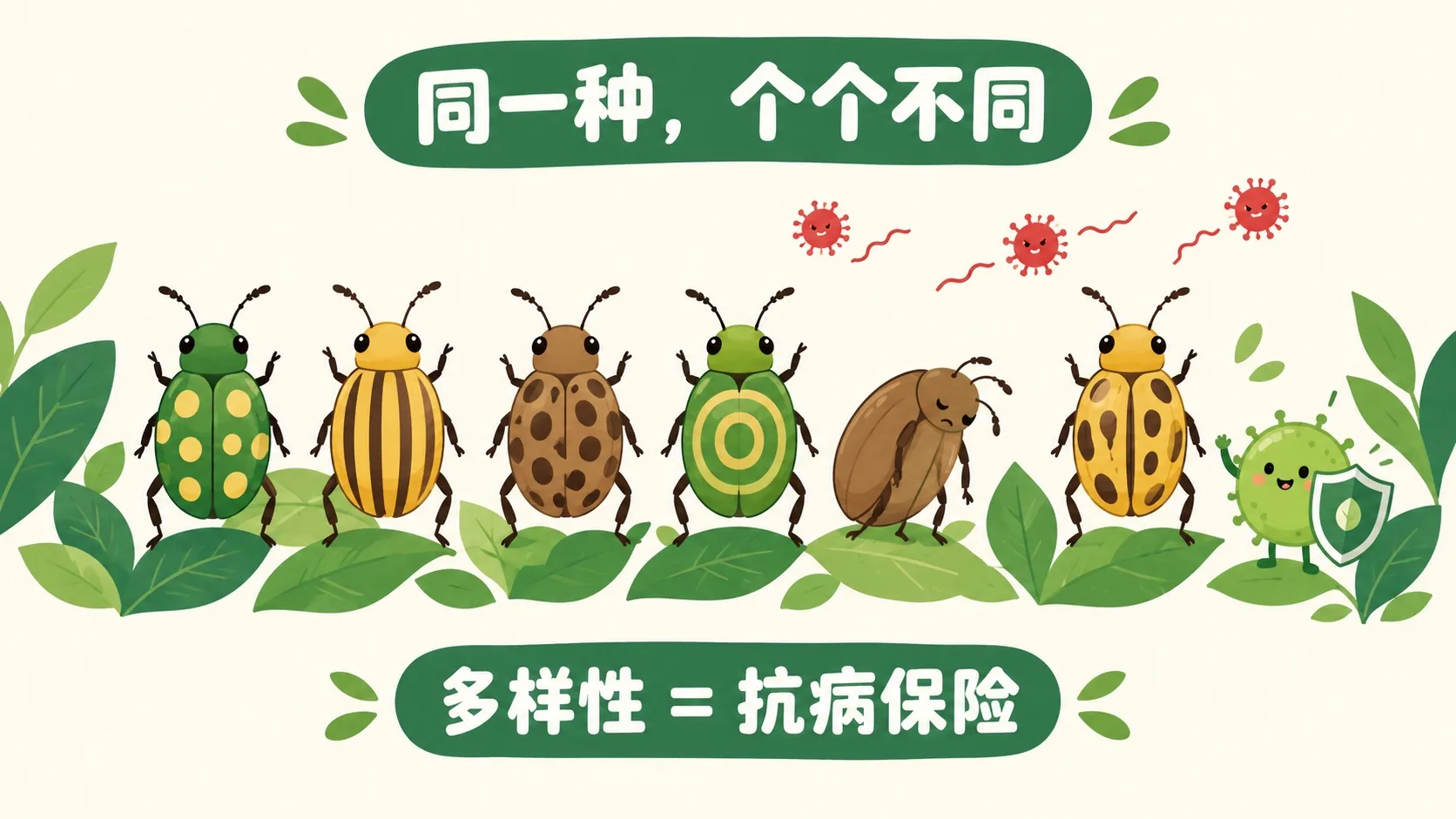 基因多样性：同一种甲虫花纹各异，多样的个体扛过病害