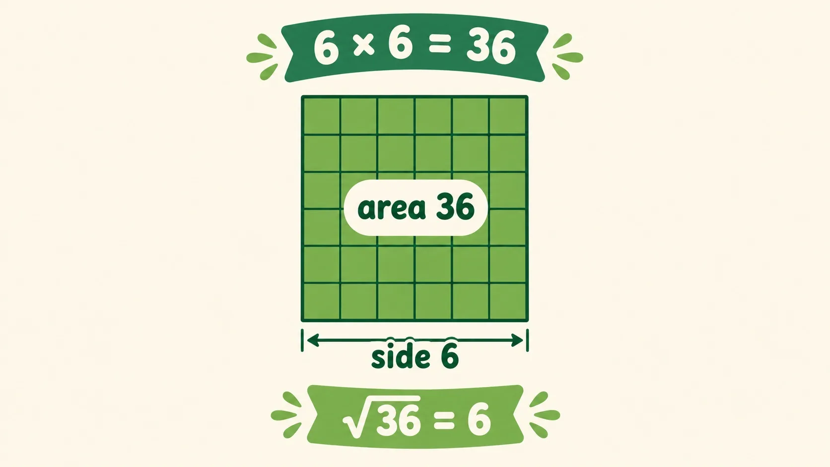 边长 6 面积 36 的正方形，标注 6×6=36 和 √36=6