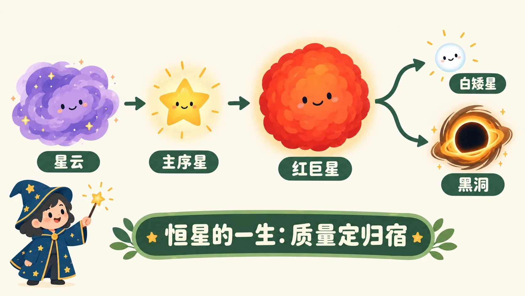 恒星一生路径：星云到主序星到红巨星再到归宿
