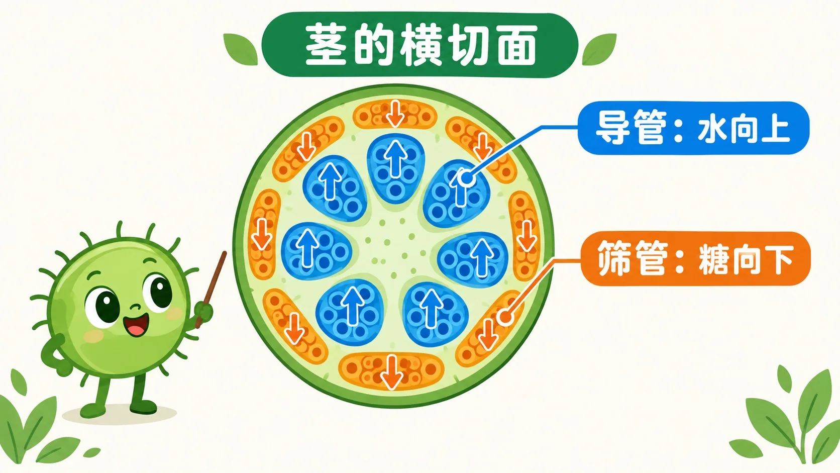 茎的横切面：导管蓝色向上、筛管橙色向下
