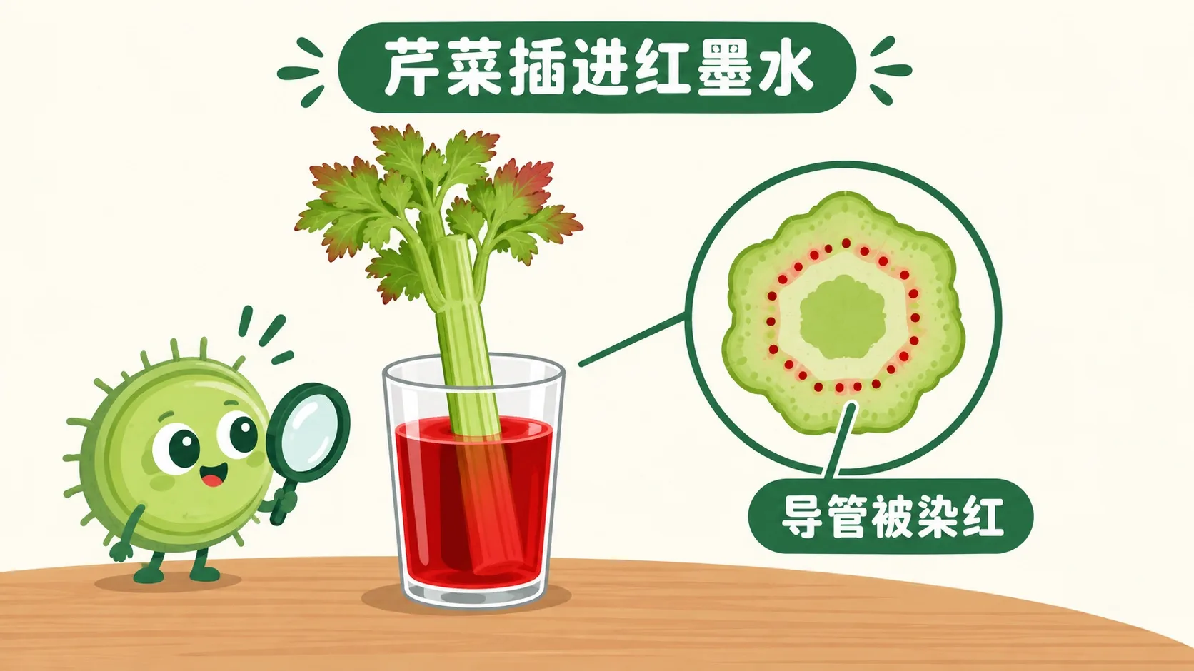 芹菜插红墨水实验：切开茎看导管被染红