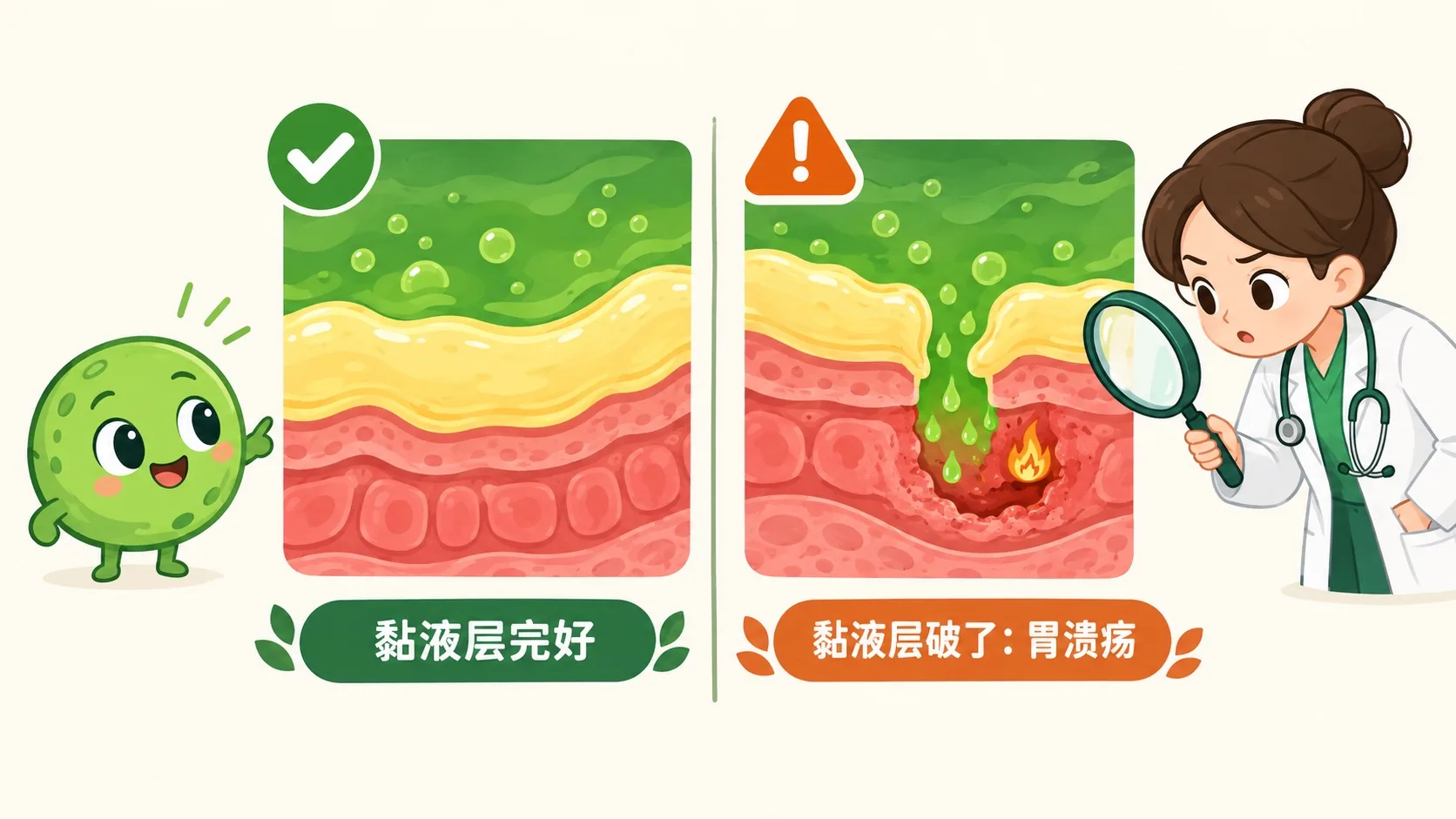 胃溃疡示意：黏液层完好 vs 破损