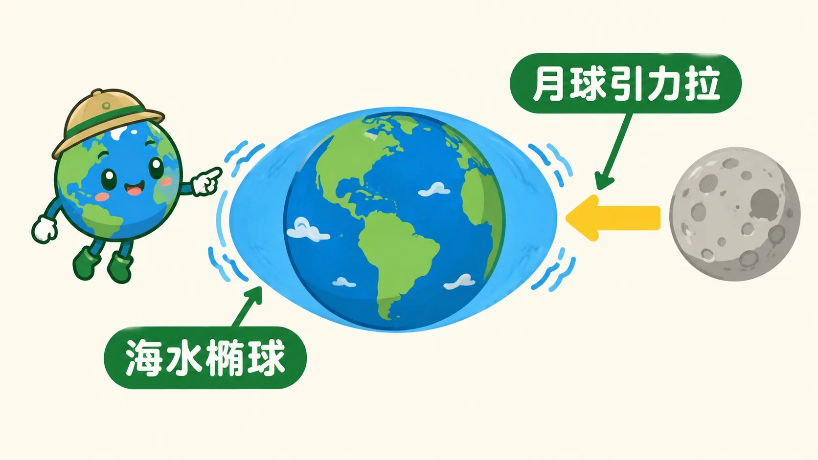 月球引力把地球海水拉成椭球，两侧各有一个水包