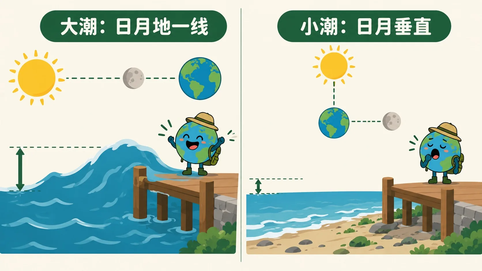 大潮与小潮对比：日月地一线与日月成直角