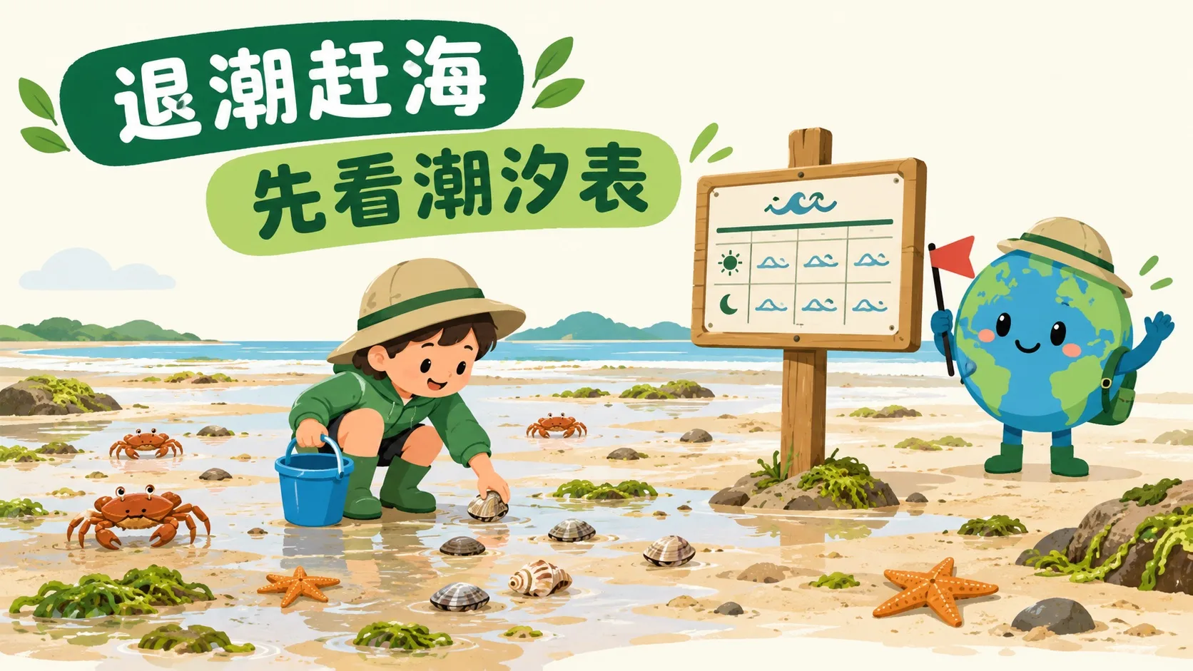 退潮的滩涂上赶海，旁边立着潮汐表牌子