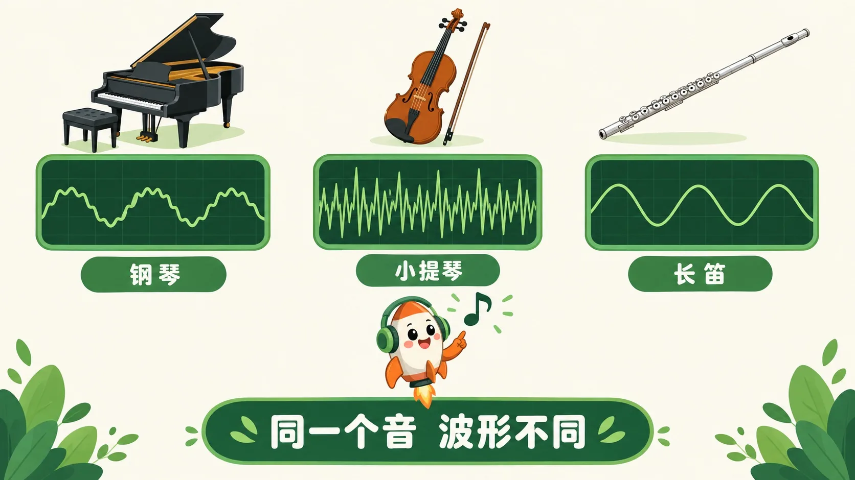钢琴、小提琴、长笛同一个音，波形各不相同
