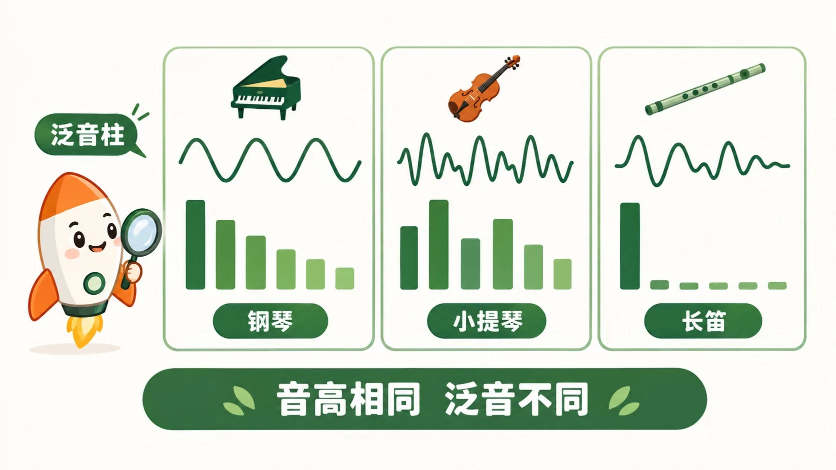 三种乐器的泛音柱：钢琴平滑递减、吉他高号泛音亮、长笛近乎纯音