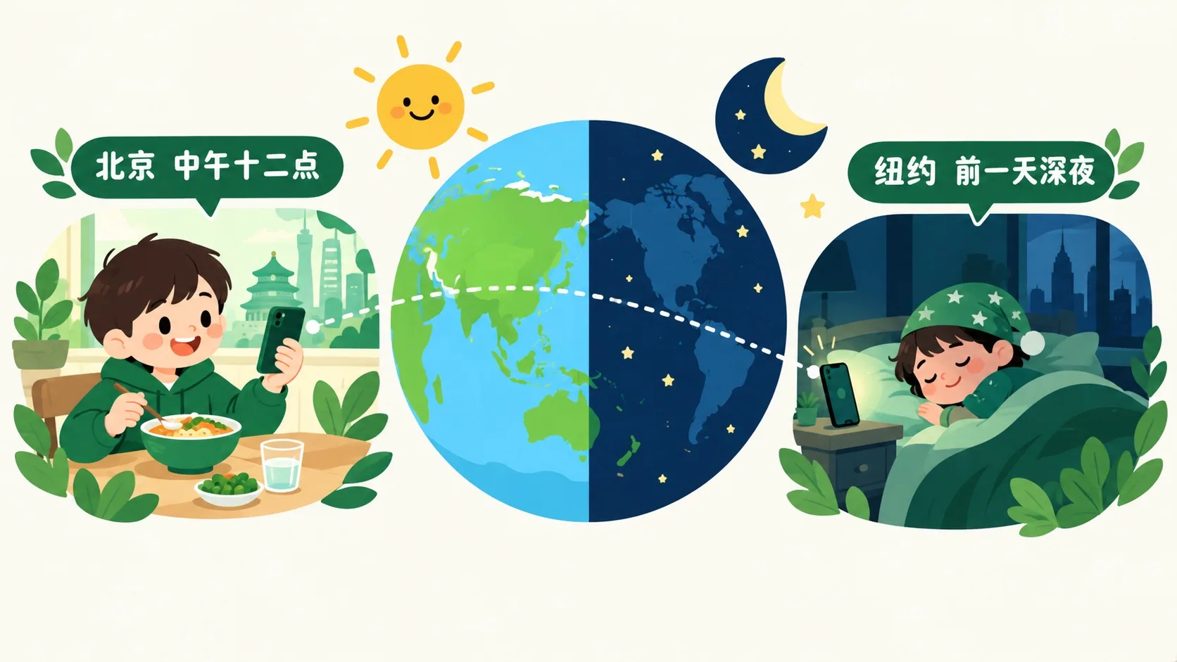 北京中午视频连线纽约深夜，一半白天一半黑夜的地球