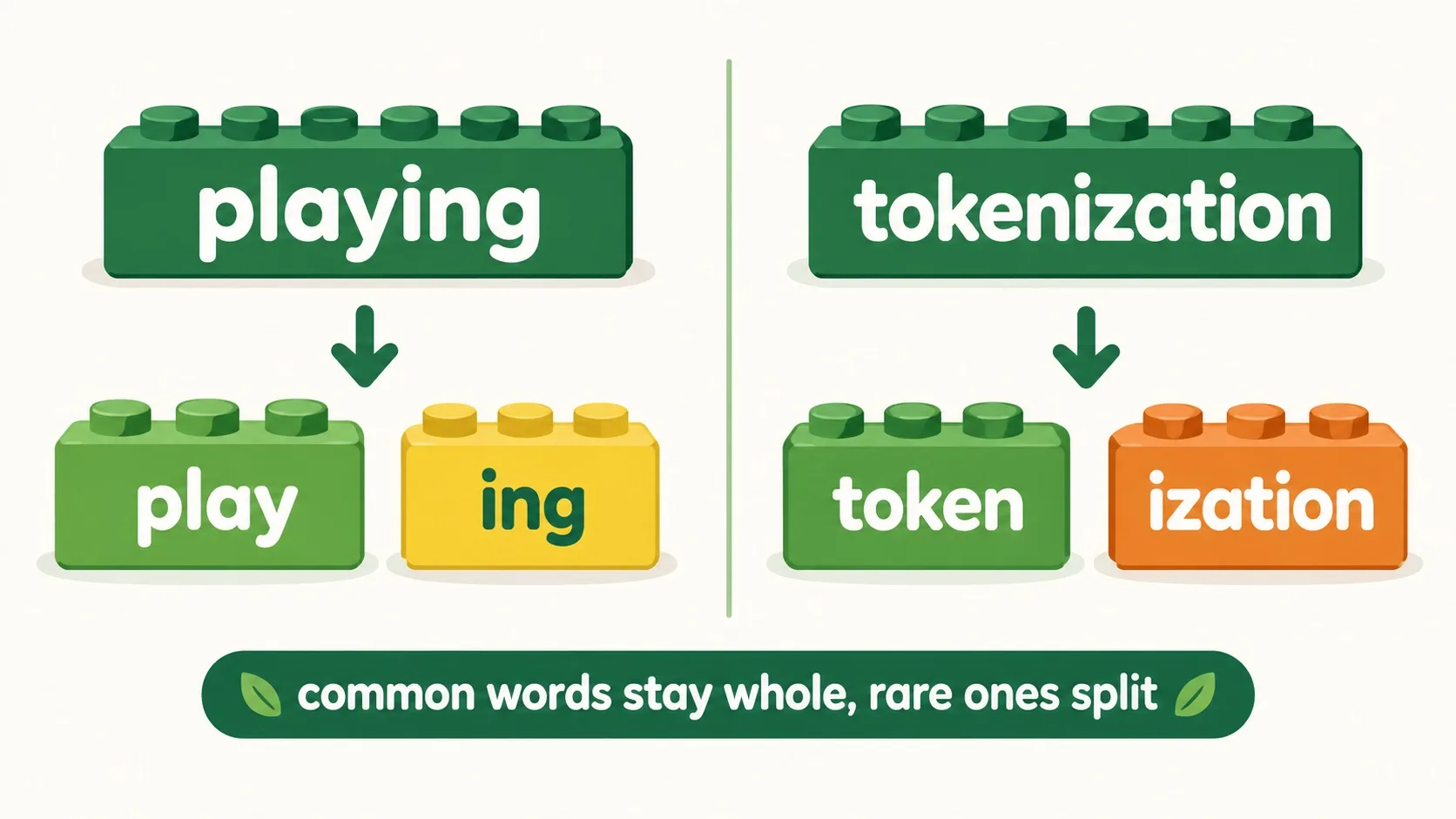 playing 拆成 play+ing，tokenization 拆成 token+ization