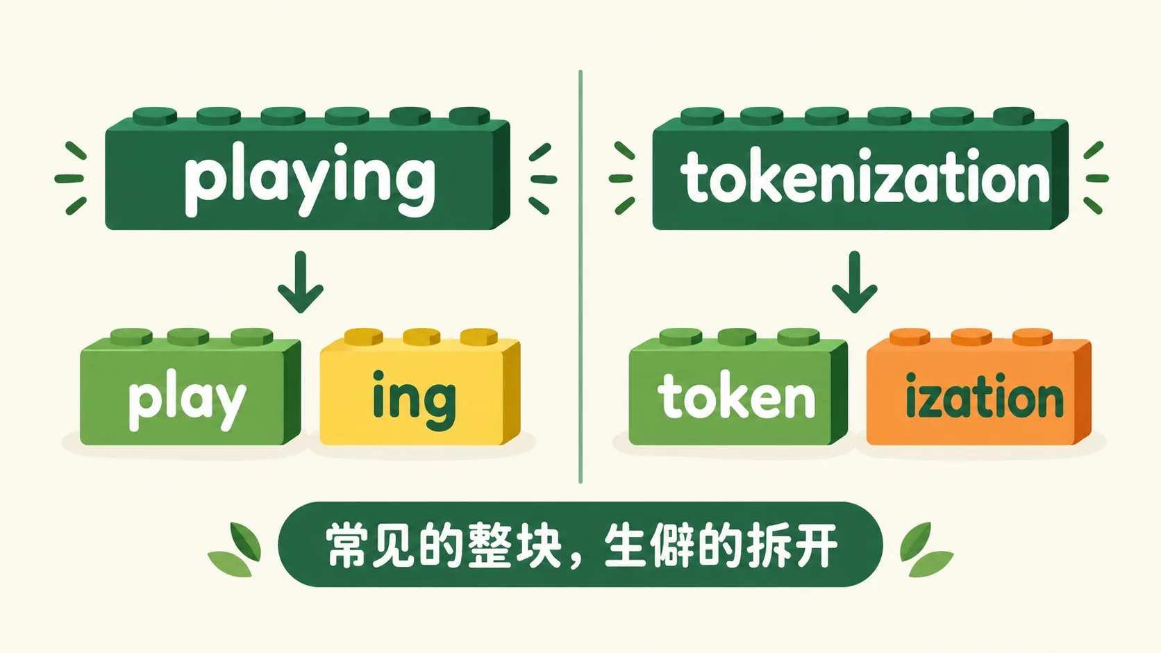 playing 拆成 play+ing，tokenization 拆成 token+ization