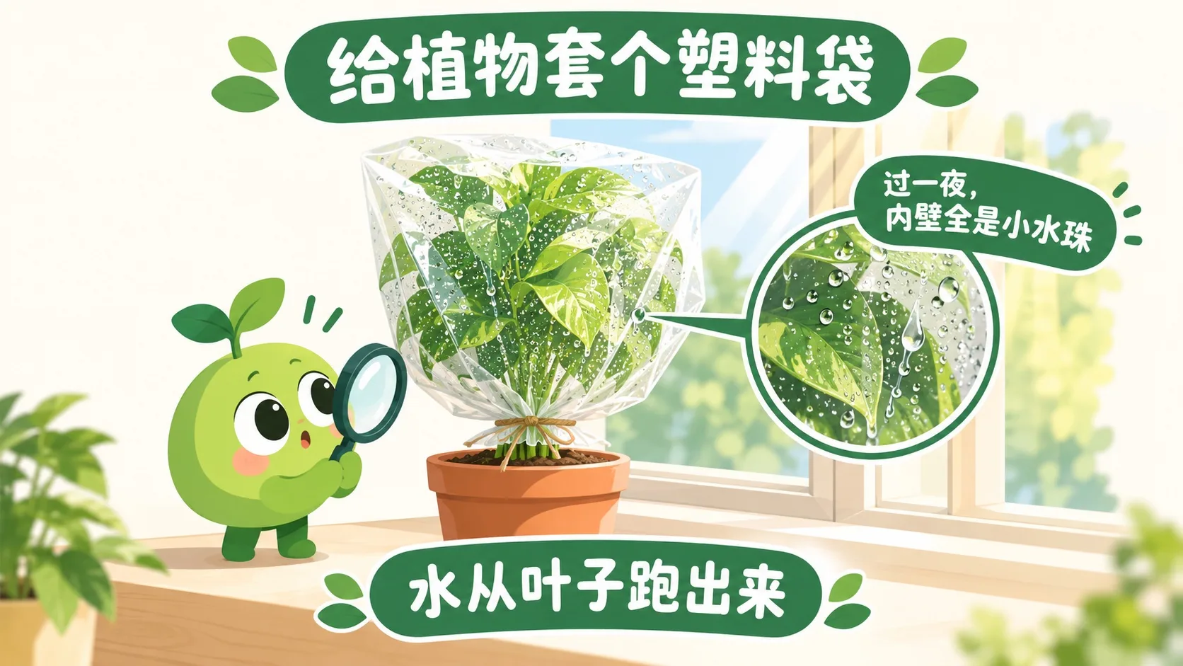 塑料袋罩植物，内壁出现水珠