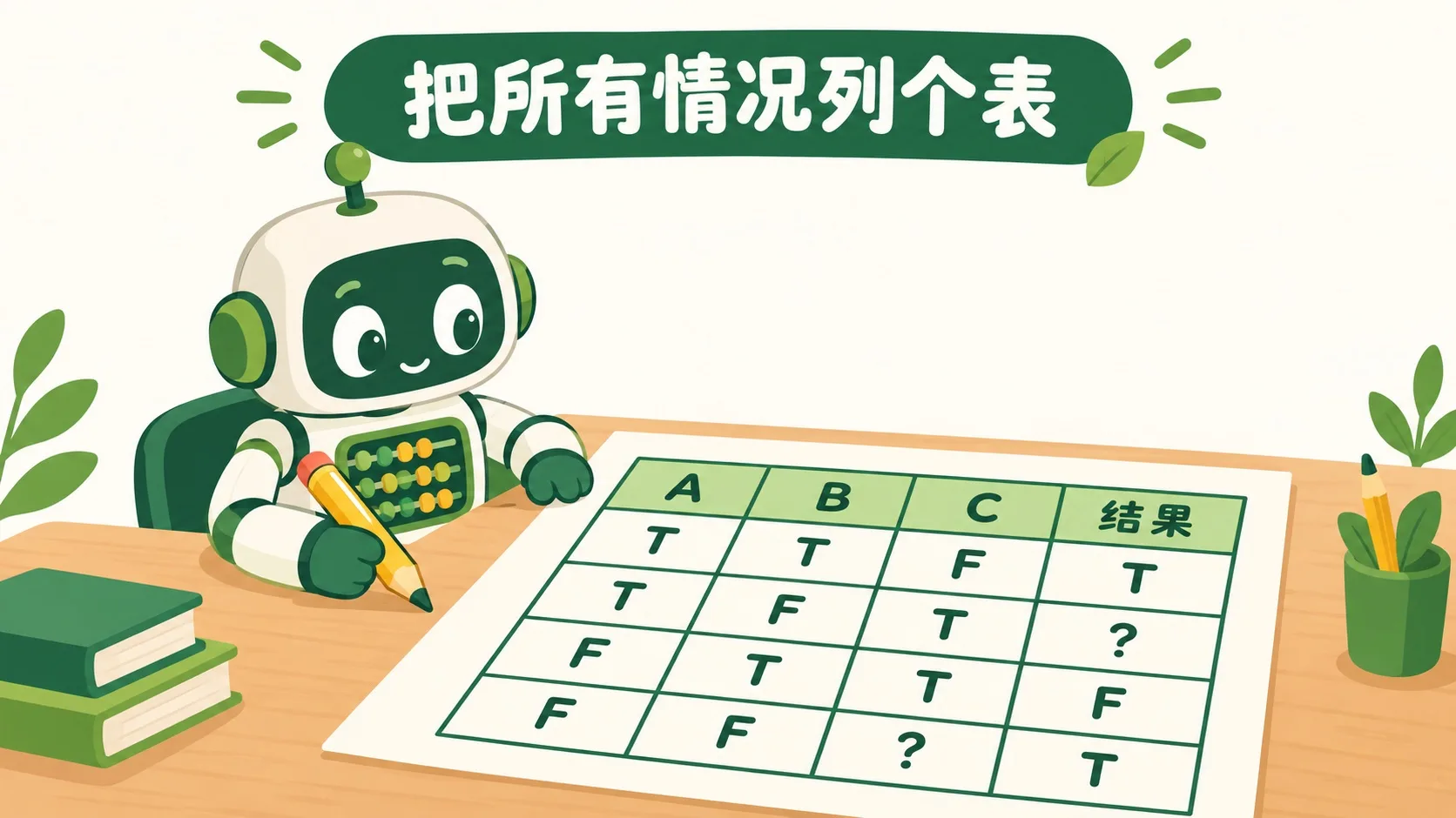 小算盘机器人拿铅笔在同一张表格里填 T 和 F