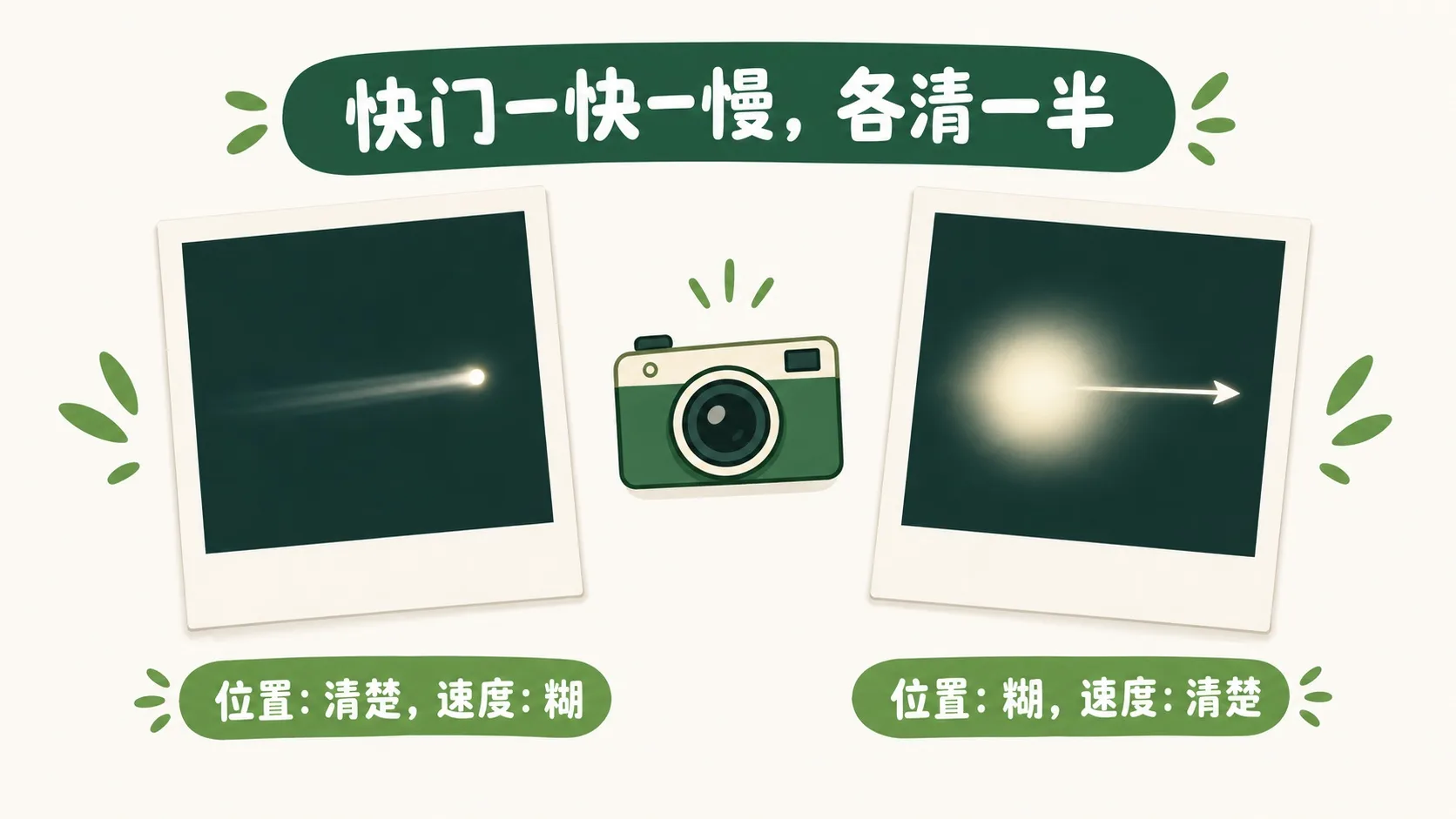 两张对比照片：位置清楚速度糊 / 位置糊速度清楚