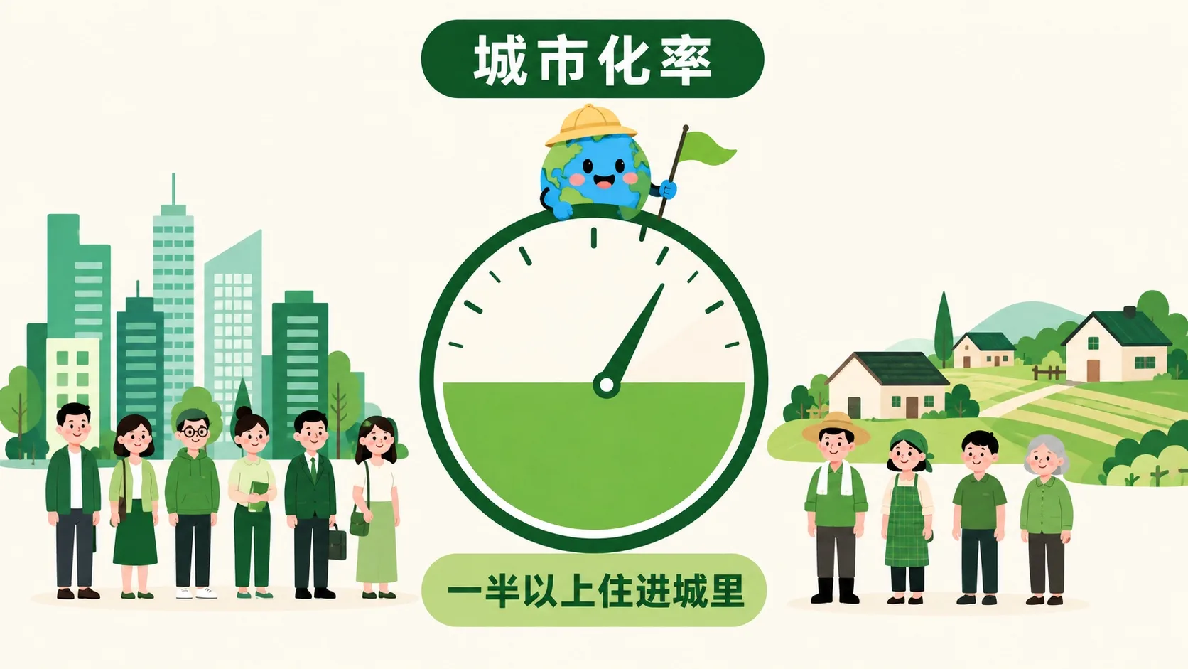 城市化率仪表盘，一半以上的人住进城里