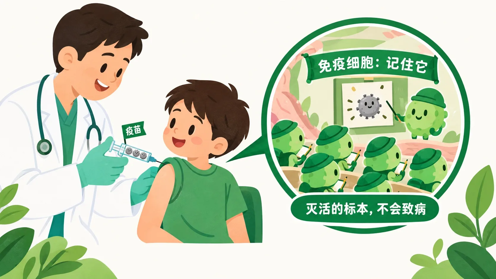 注射疫苗，免疫细胞围着标本上课记笔记
