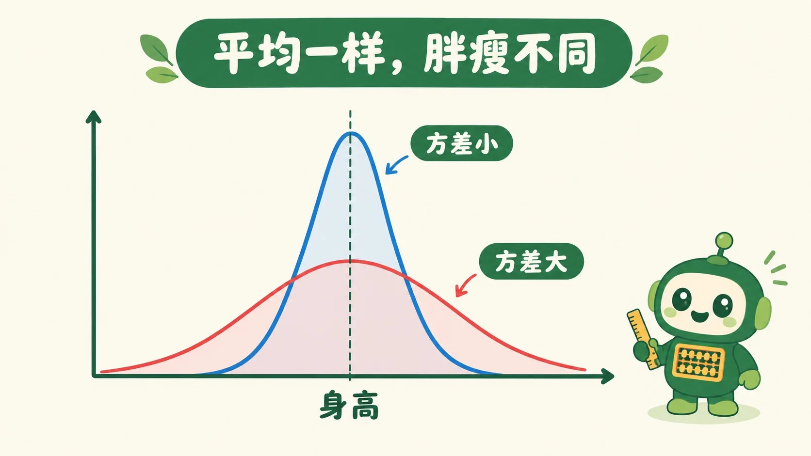 两条身高分布曲线：高瘦蓝线方差小，矮胖红线方差大