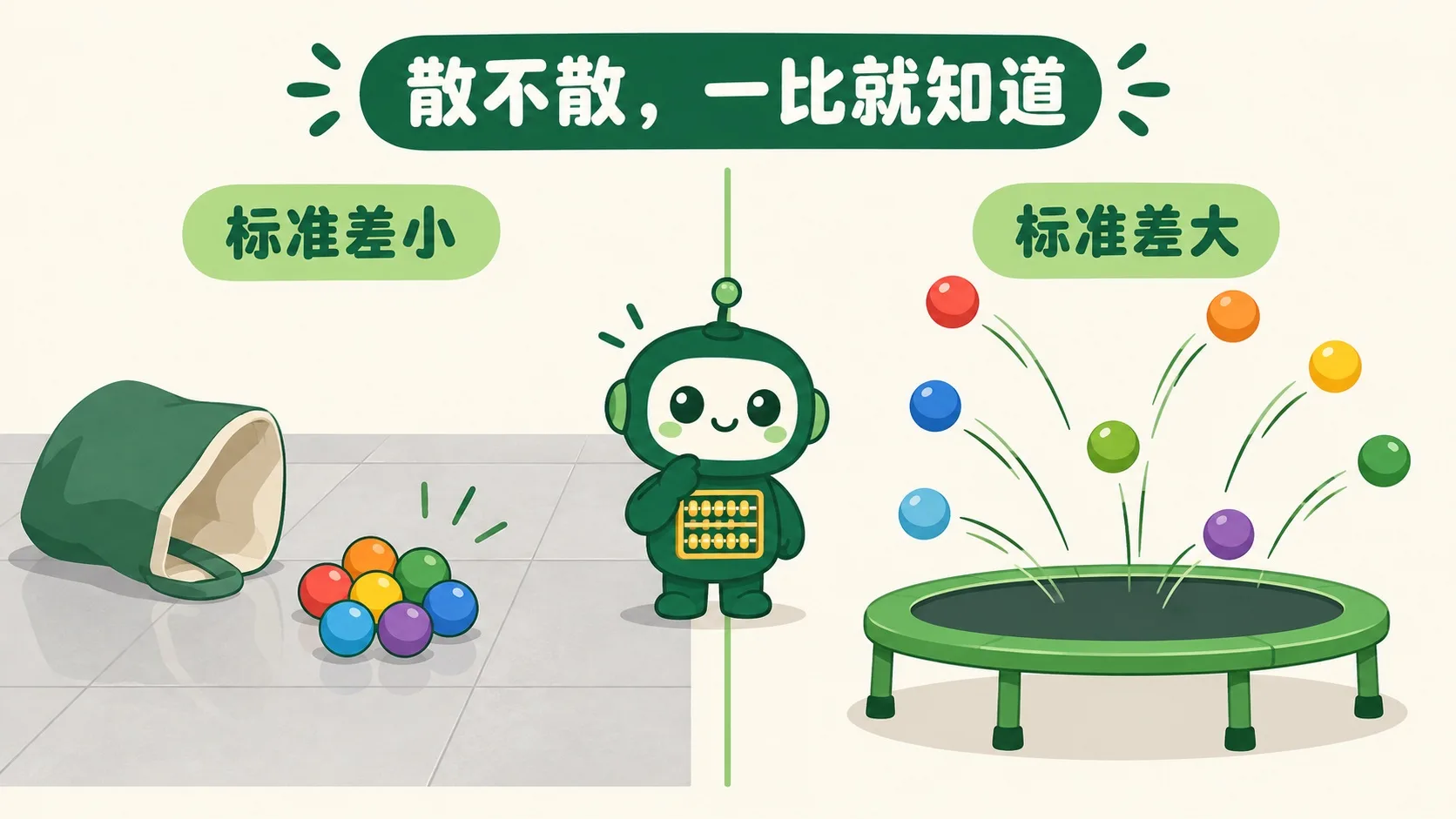 硬地板小球堆一起（标准差小），弹簧床小球弹得到处是（标准差大）