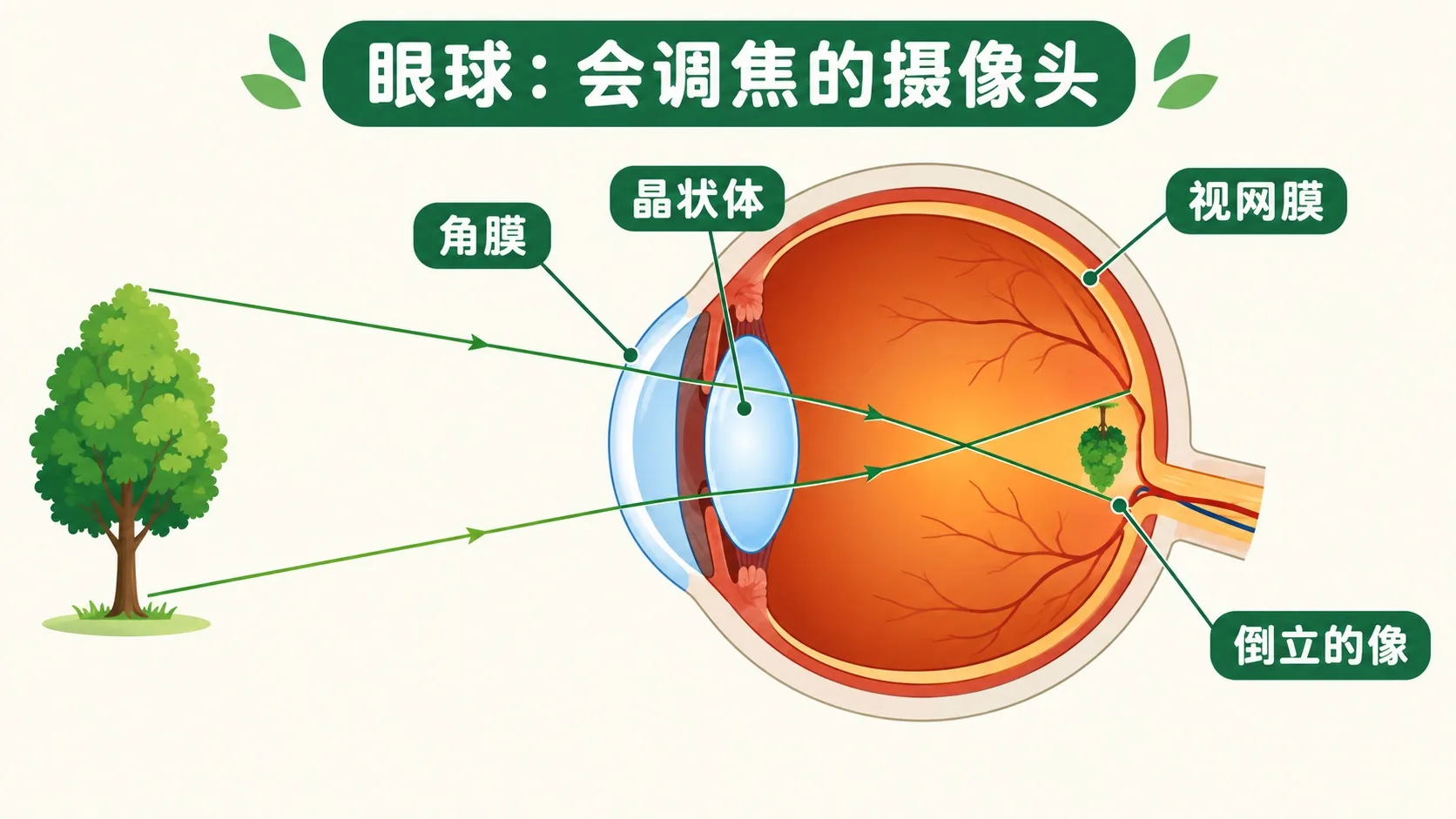 眼球剖面：光经角膜晶状体在视网膜成倒立像
