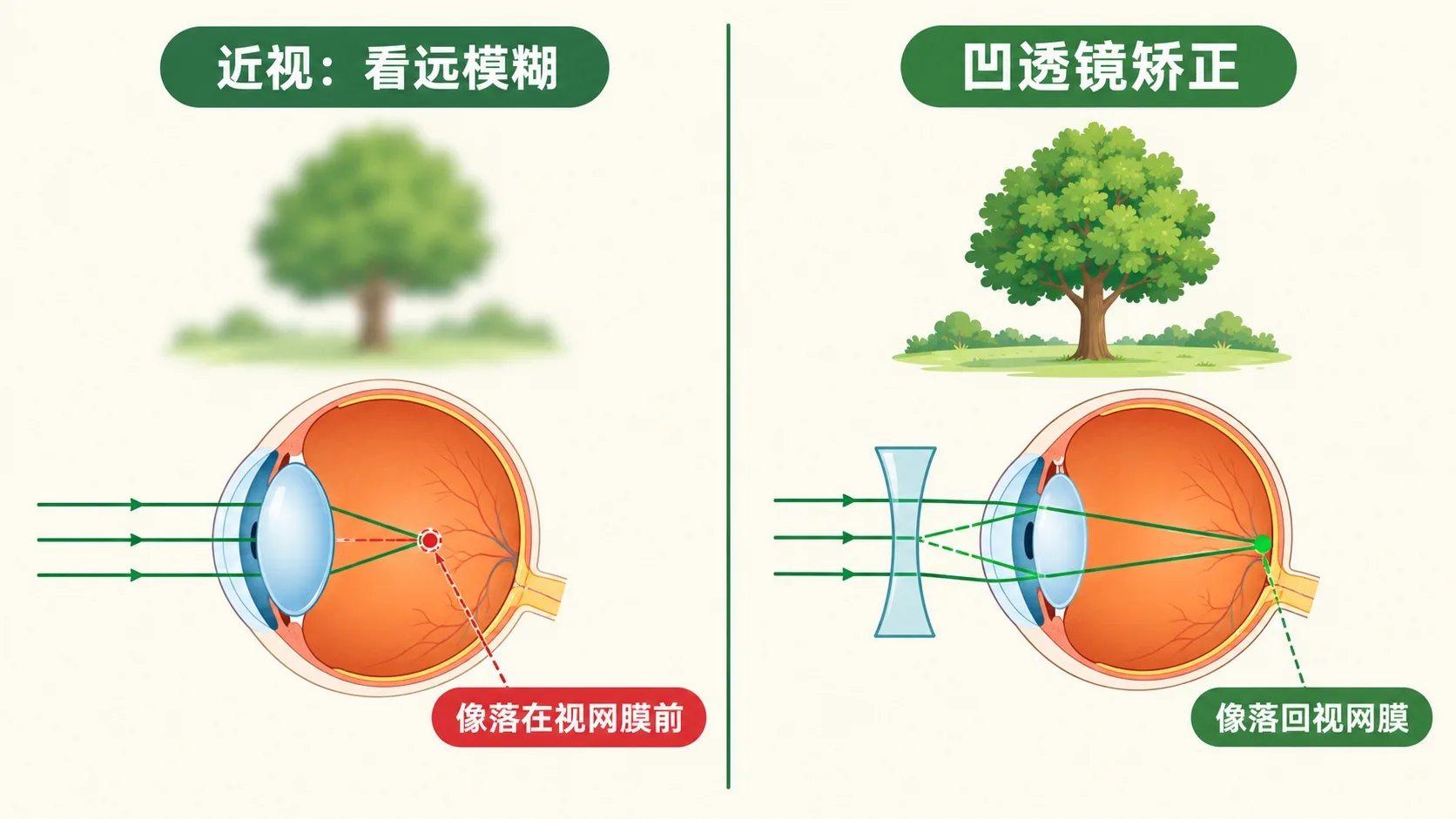 近视：像落在视网膜前；凹透镜矫正后落回视网膜
