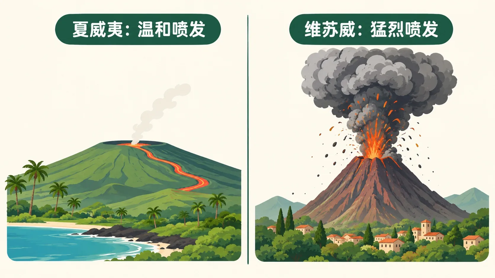 夏威夷盾状火山与维苏威锥状火山对比