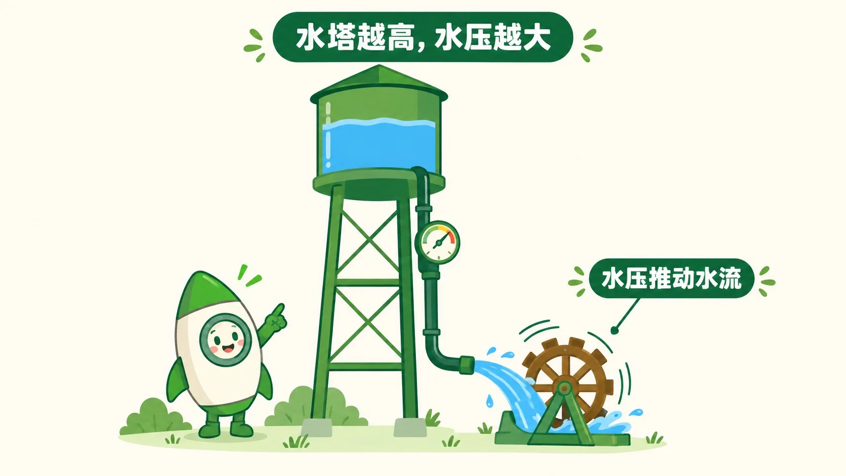 水塔越高，水压越大，水轮转得越快