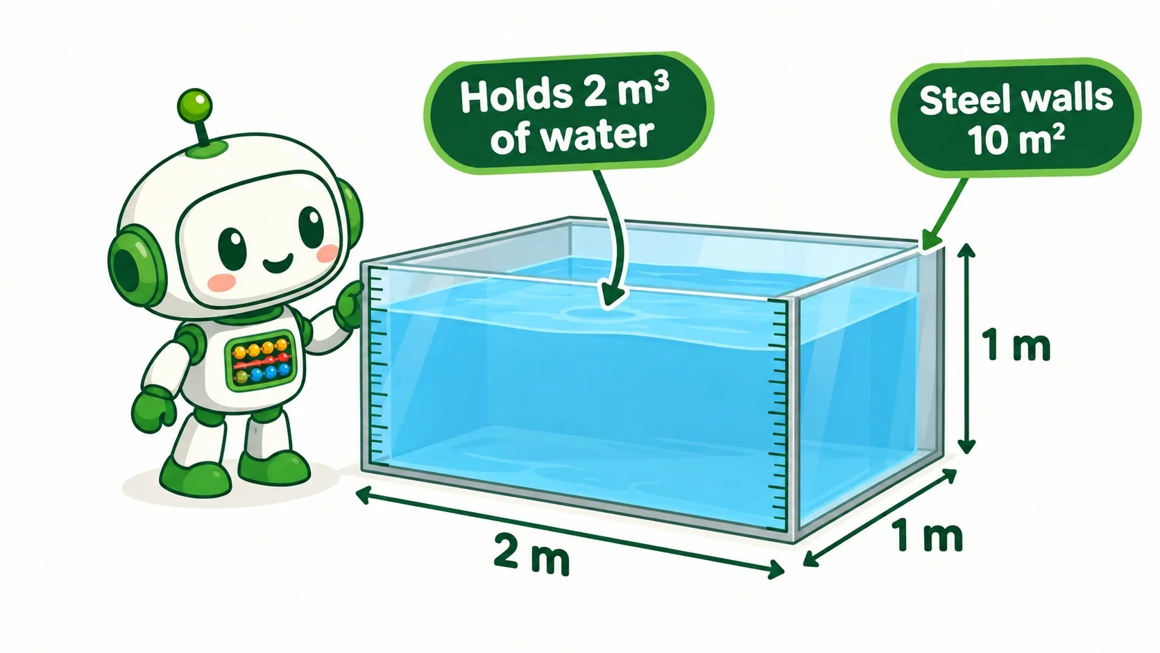 水箱：能装多少水 = 体积，四周钢板 = 表面积