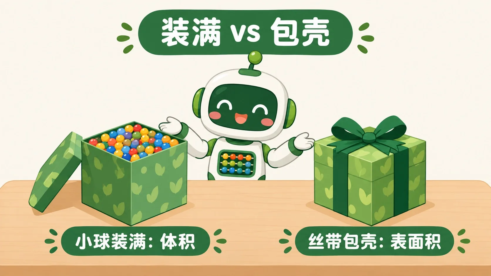 礼物盒：小球装满看体积，丝带包壳看表面积