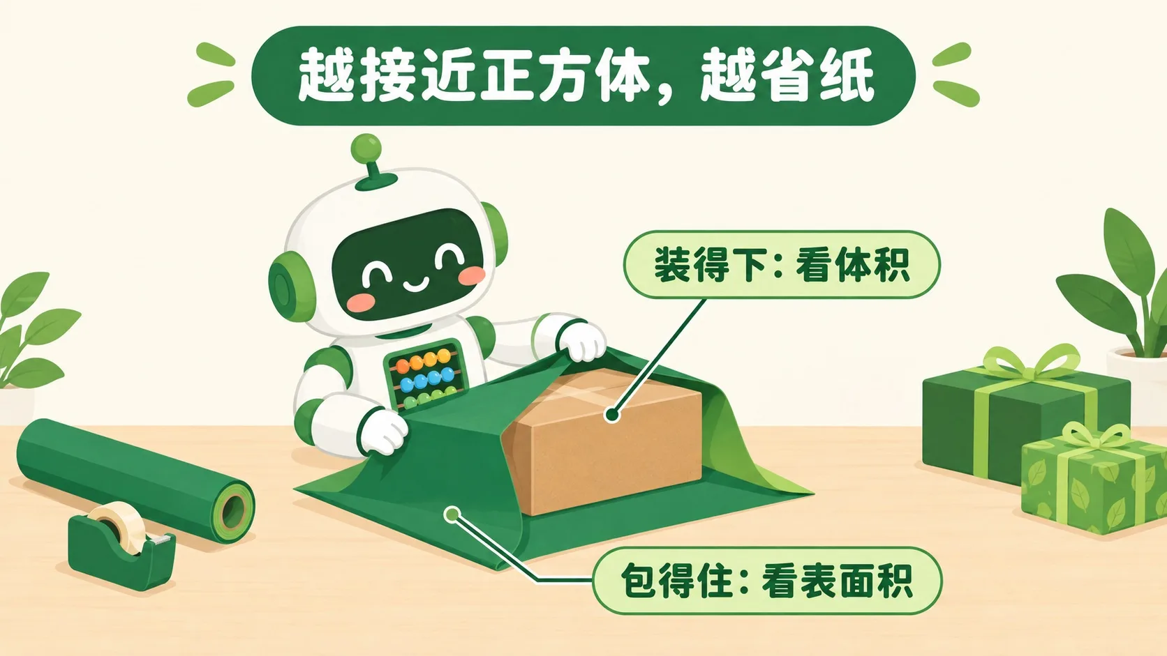 包装纸：越接近正方体，越省纸
