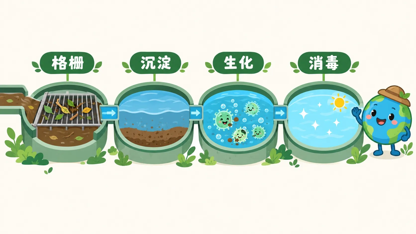 污水处理四站：格栅、沉淀、生化、消毒
