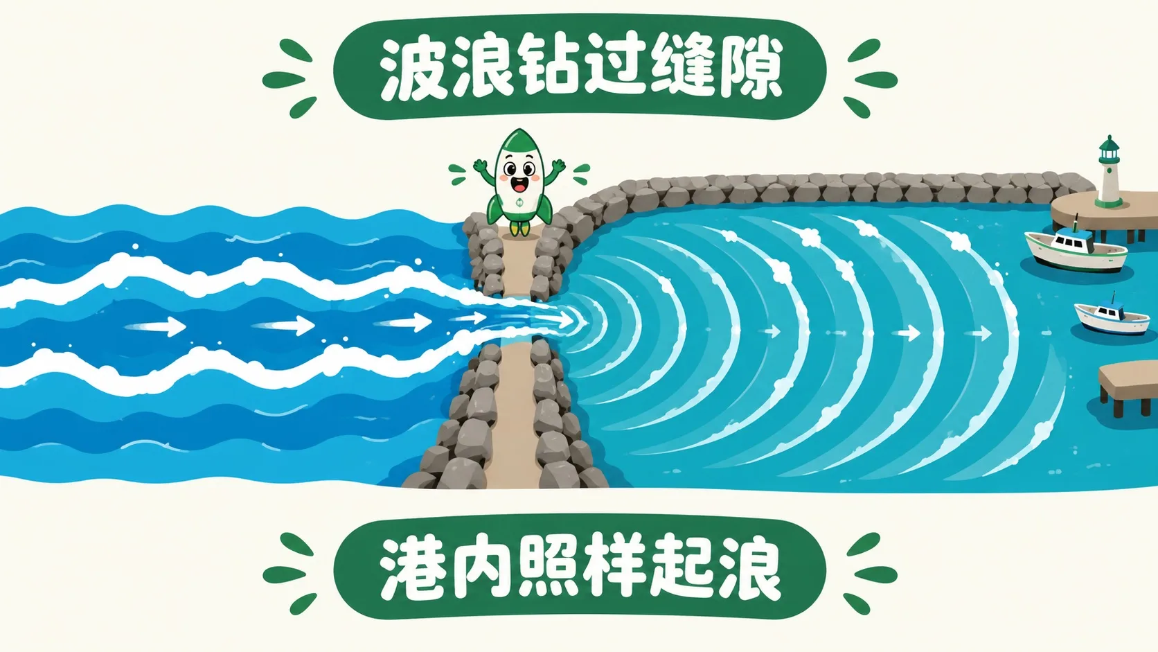 波浪钻过防波堤的缝隙后向两边散开