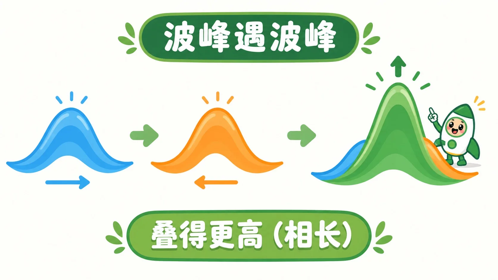 波峰遇波峰：叠得更高（相长）