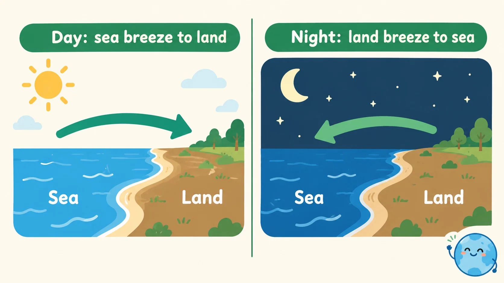 白天海风吹向陆地夜晚陆风吹向海洋
