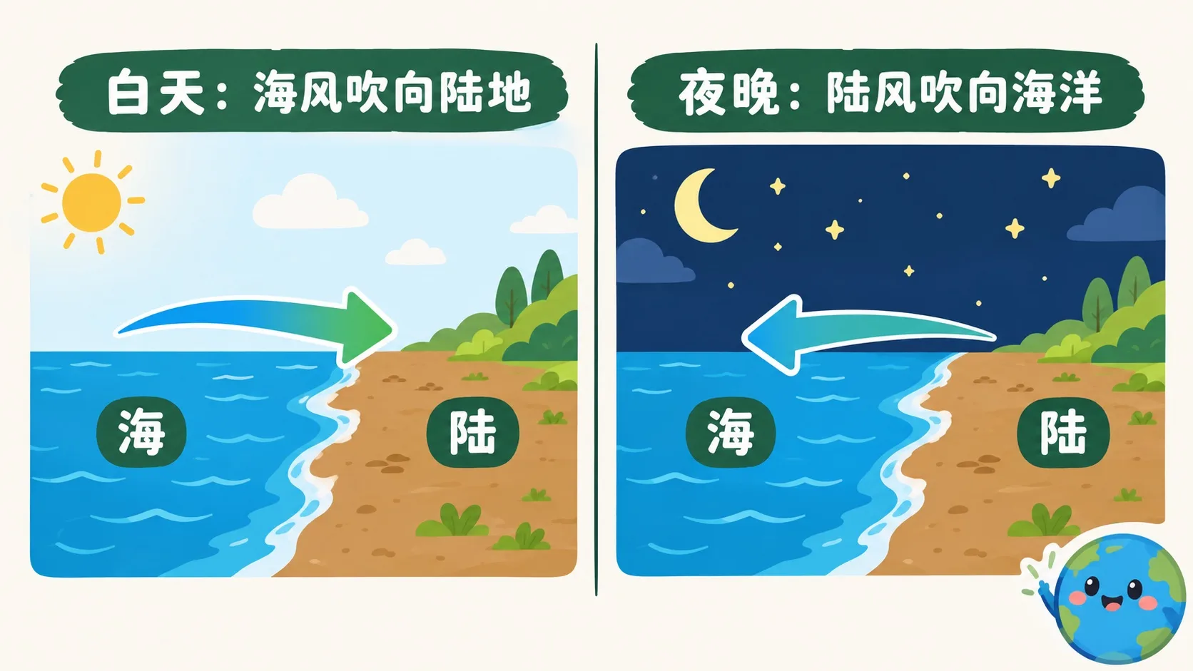 白天海风吹向陆地夜晚陆风吹向海洋